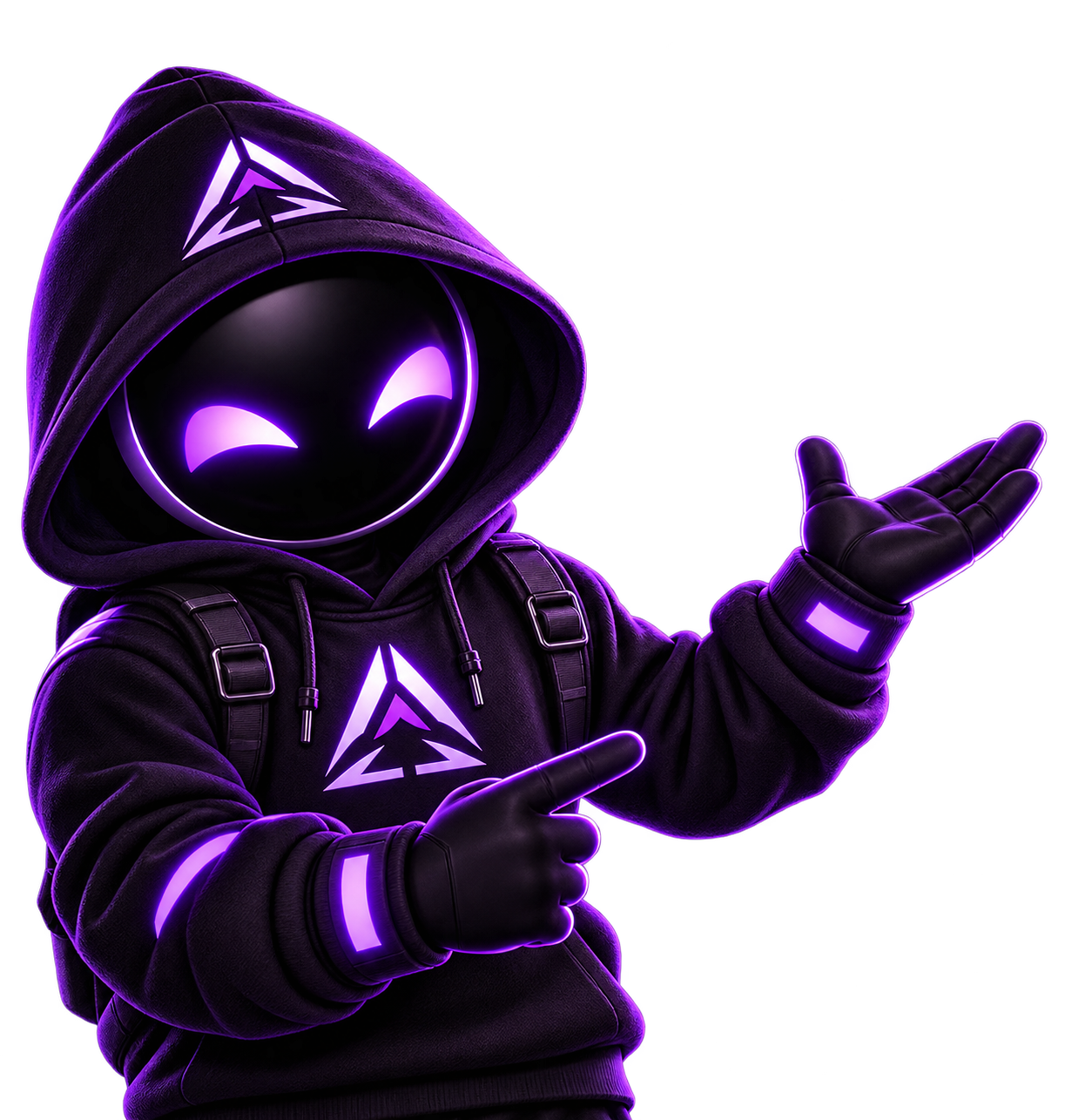 Mascote StudyVoid de capuz roxo apresentando a plataforma
